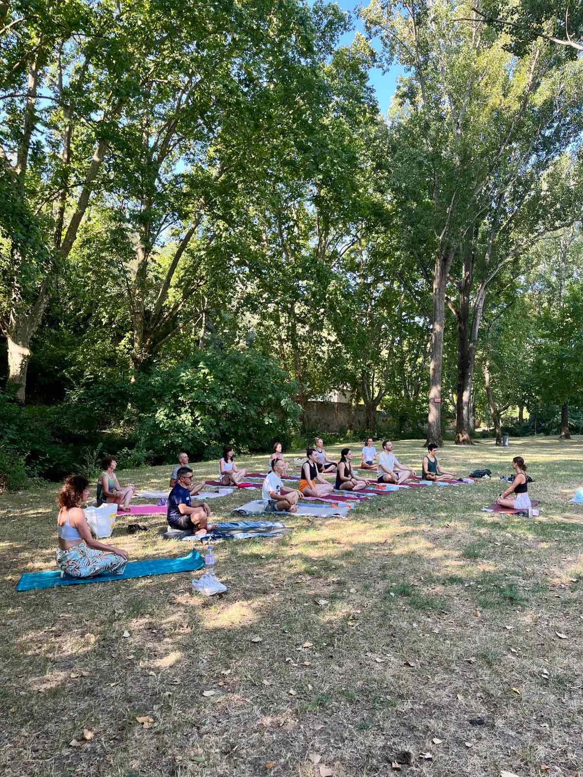 Cours de yoga en groupe en extérieur pendant une retraite