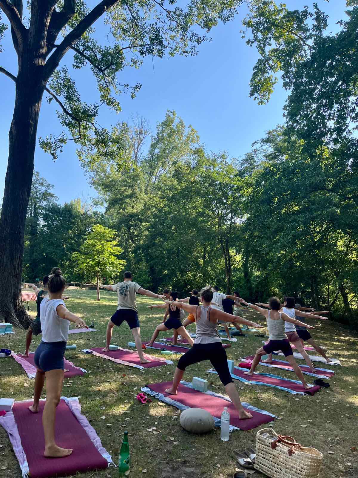 Cours de yoga en extérieur, groupe en posture du guerrier sous les arbres